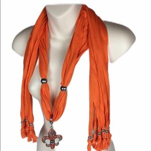 Fleur de lis Design Jeweled Orange Scarf